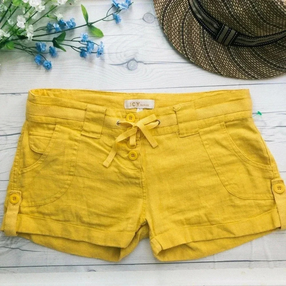 ICY fashion Yellow Linen Shorts - Picture 1 of 3